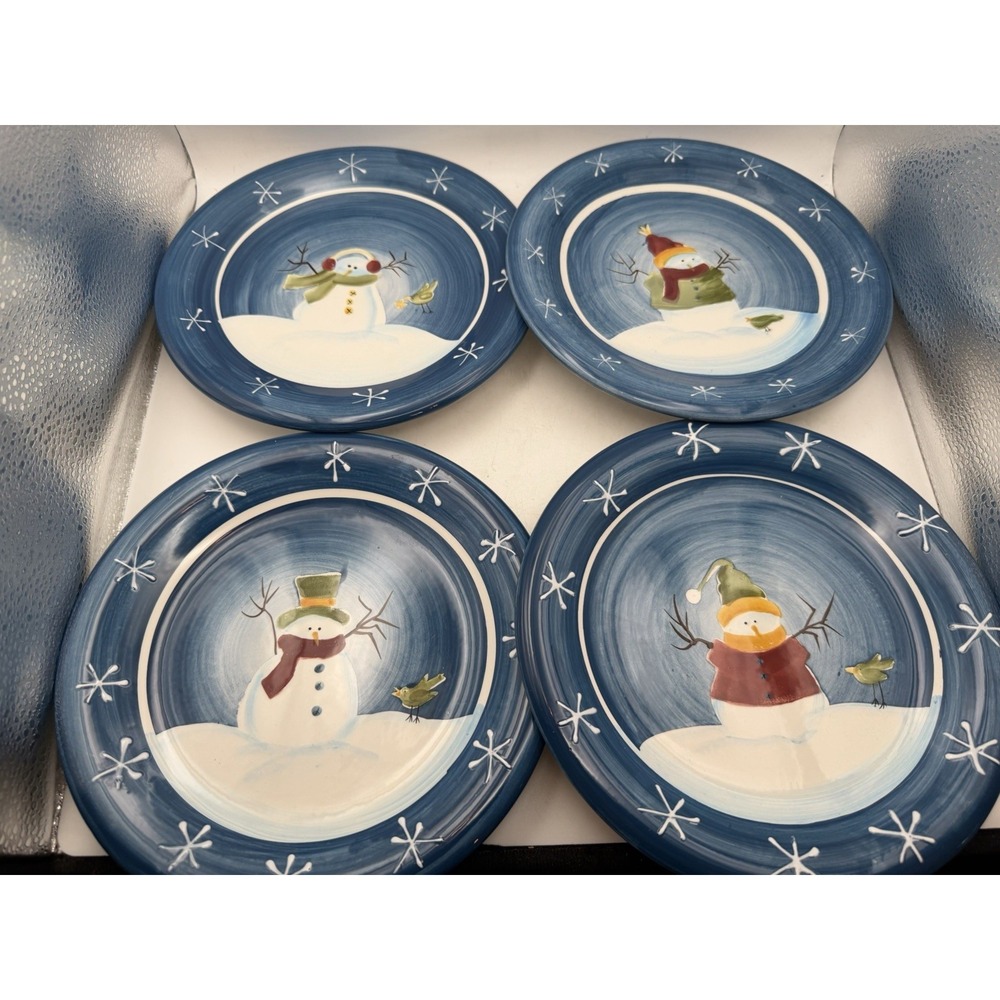 Sonoma Snowman Dinner Plates Set of 4 Blue Winter Christmas Stoneware 8 Inch